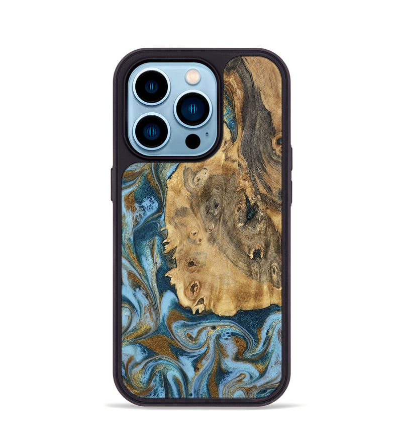 iPhone 14 Pro Wood Phone Case - Dayana (Teal & Gold, 802405)