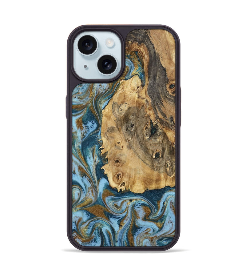 iPhone 15 Wood Phone Case - Dayana (Teal & Gold, 802405)