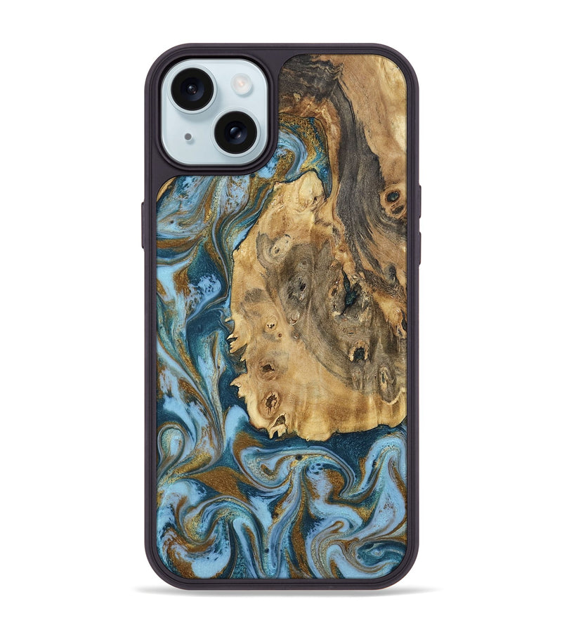 iPhone 15 Plus Wood Phone Case - Dayana (Teal & Gold, 802405)