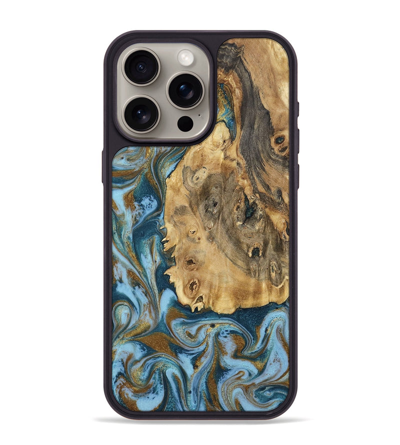 iPhone 15 Pro Max Wood Phone Case - Dayana (Teal & Gold, 802405)