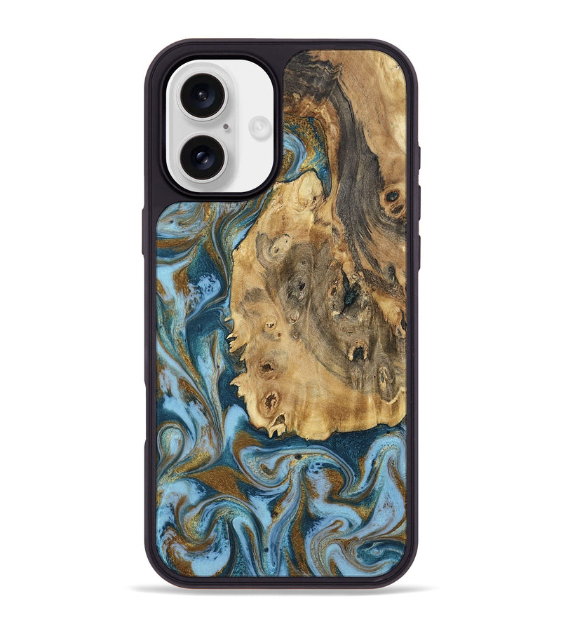 iPhone 16 Plus Wood Phone Case - Dayana (Teal & Gold, 802405)