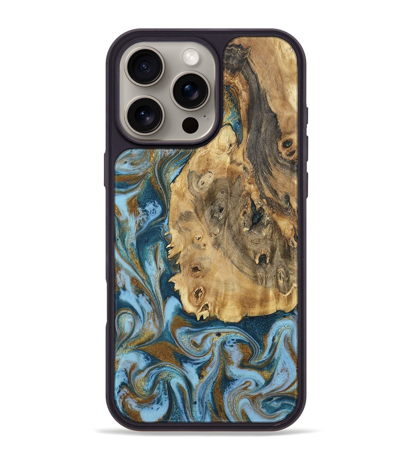 iPhone 16 Pro Max Wood Phone Case - Dayana (Teal & Gold, 802405)