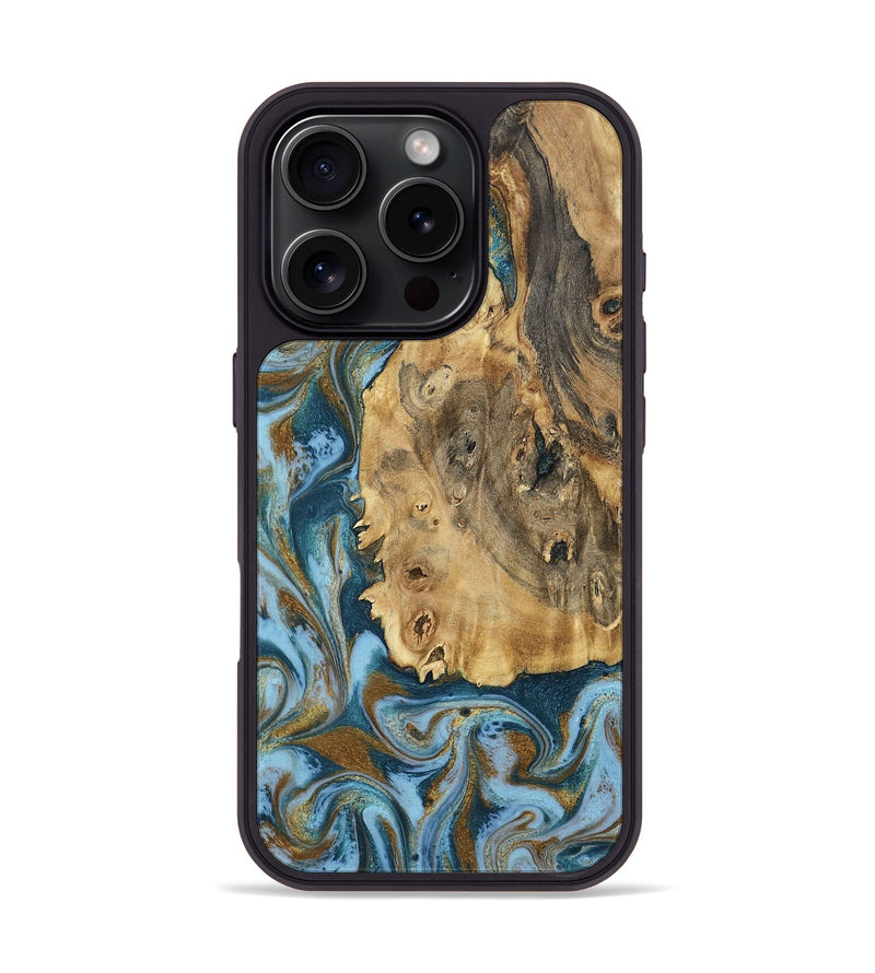 iPhone 16 Pro Wood Phone Case - Dayana (Teal & Gold, 802405)