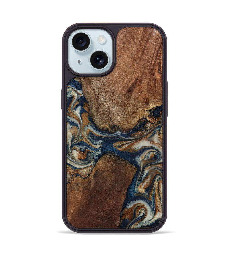 iPhone 15 Wood Phone Case - Ina (Teal & Gold, 802406)