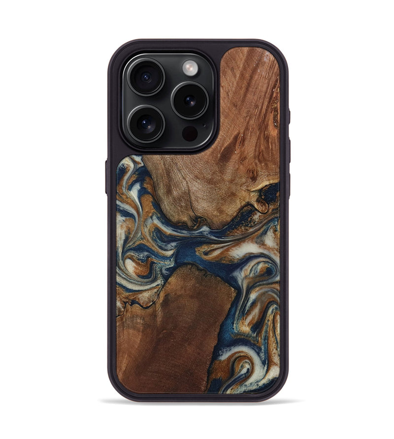 iPhone 15 Pro Wood Phone Case - Ina (Teal & Gold, 802406)