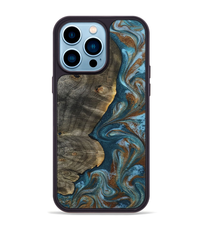 iPhone 14 Pro Max Wood Phone Case - Hobson (Teal & Gold, 802407)