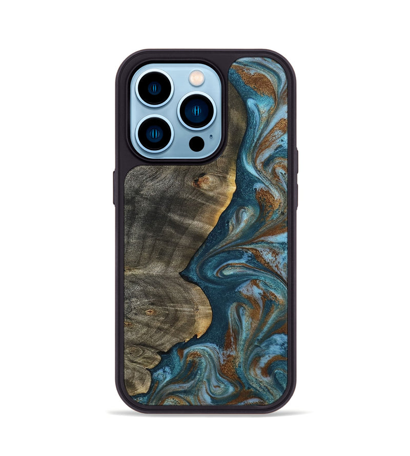 iPhone 14 Pro Wood Phone Case - Hobson (Teal & Gold, 802407)