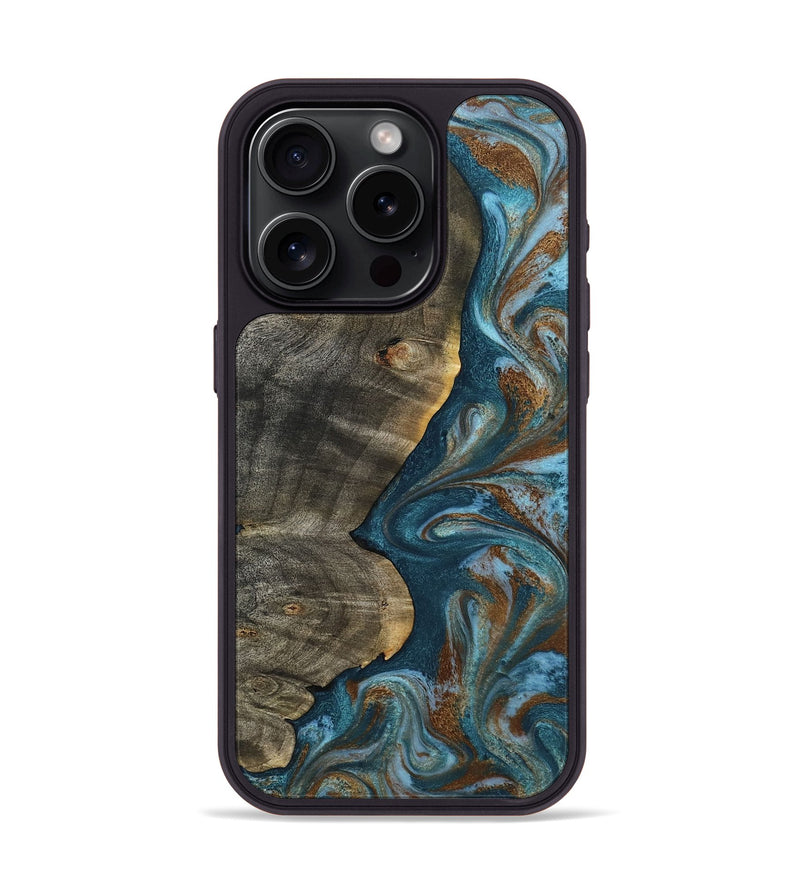 iPhone 15 Pro Wood Phone Case - Hobson (Teal & Gold, 802407)