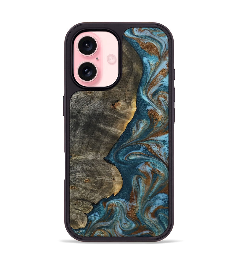 iPhone 16 Wood Phone Case - Hobson (Teal & Gold, 802407)