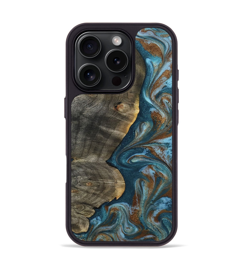 iPhone 16 Pro Wood Phone Case - Hobson (Teal & Gold, 802407)