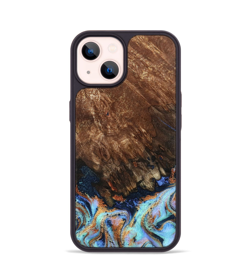 iPhone 14 Wood Phone Case - Easton (Teal & Gold, 802408)