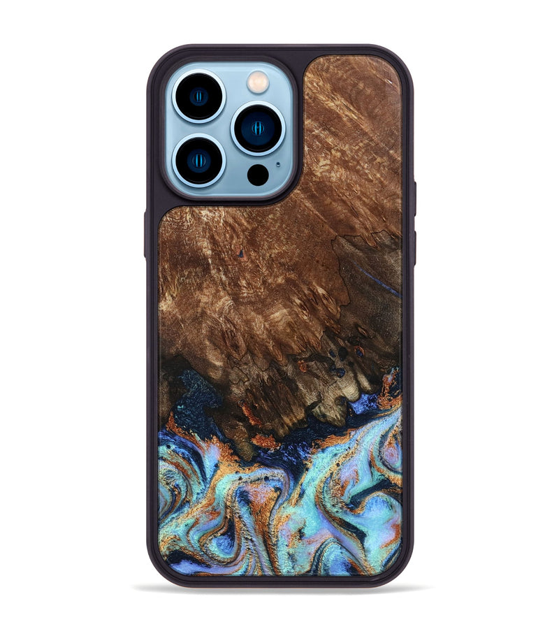 iPhone 14 Pro Max Wood Phone Case - Easton (Teal & Gold, 802408)