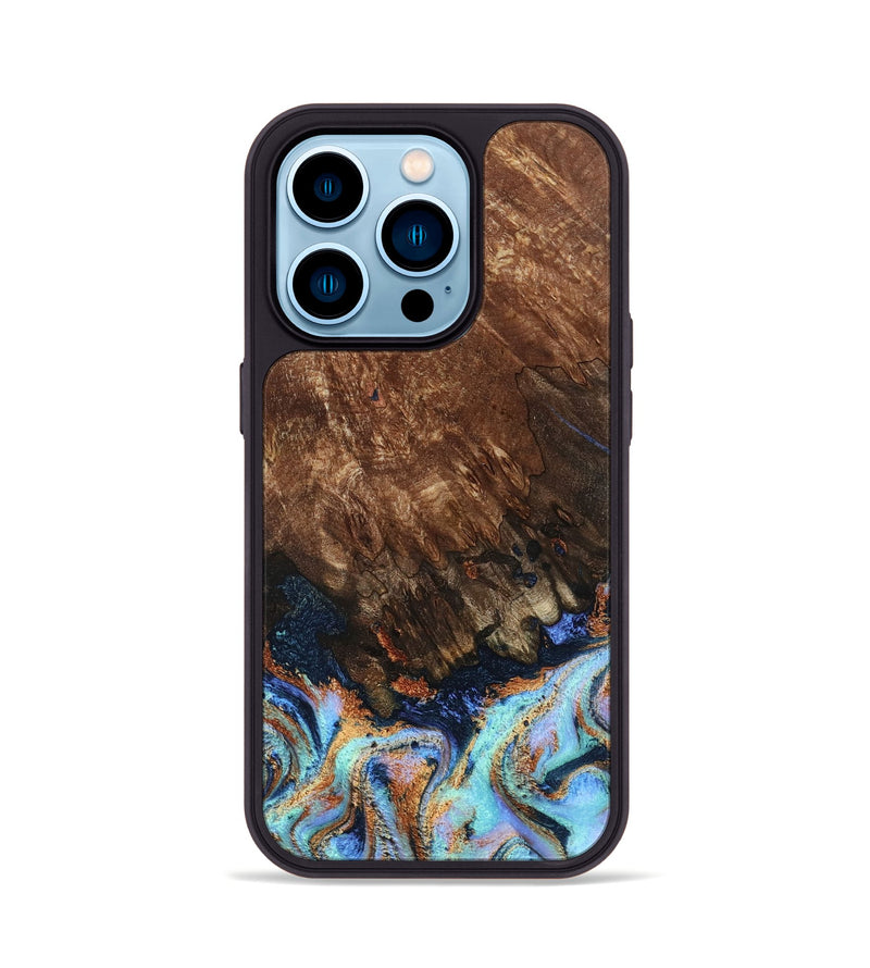 iPhone 14 Pro Wood Phone Case - Easton (Teal & Gold, 802408)