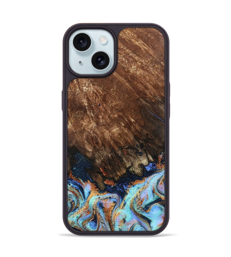 iPhone 15 Wood Phone Case - Easton (Teal & Gold, 802408)