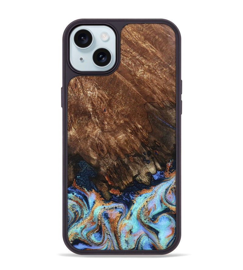 iPhone 15 Plus Wood Phone Case - Easton (Teal & Gold, 802408)