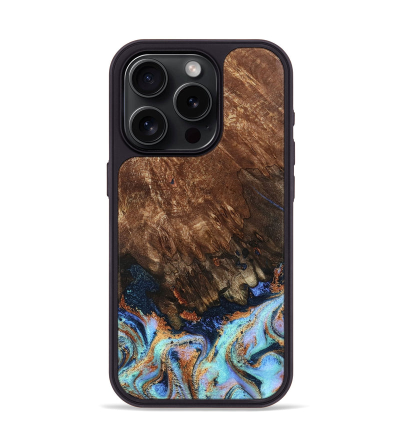 iPhone 15 Pro Wood Phone Case - Easton (Teal & Gold, 802408)