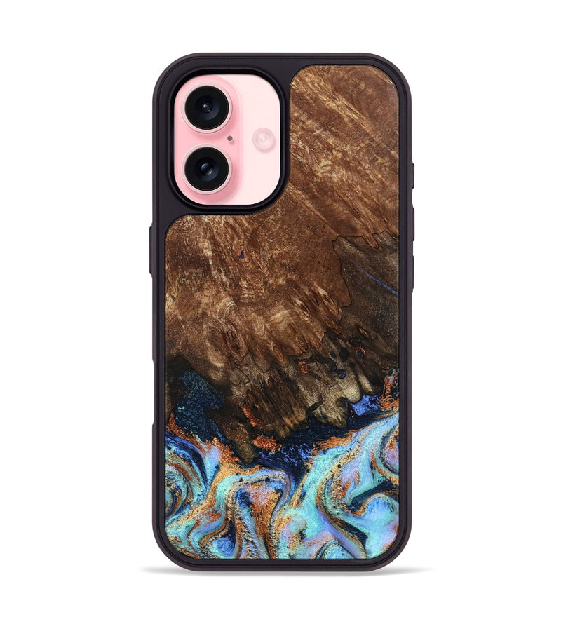 iPhone 16 Wood Phone Case - Easton (Teal & Gold, 802408)