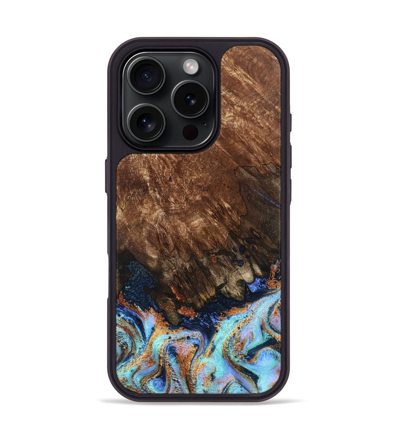 iPhone 16 Pro Wood Phone Case - Easton (Teal & Gold, 802408)
