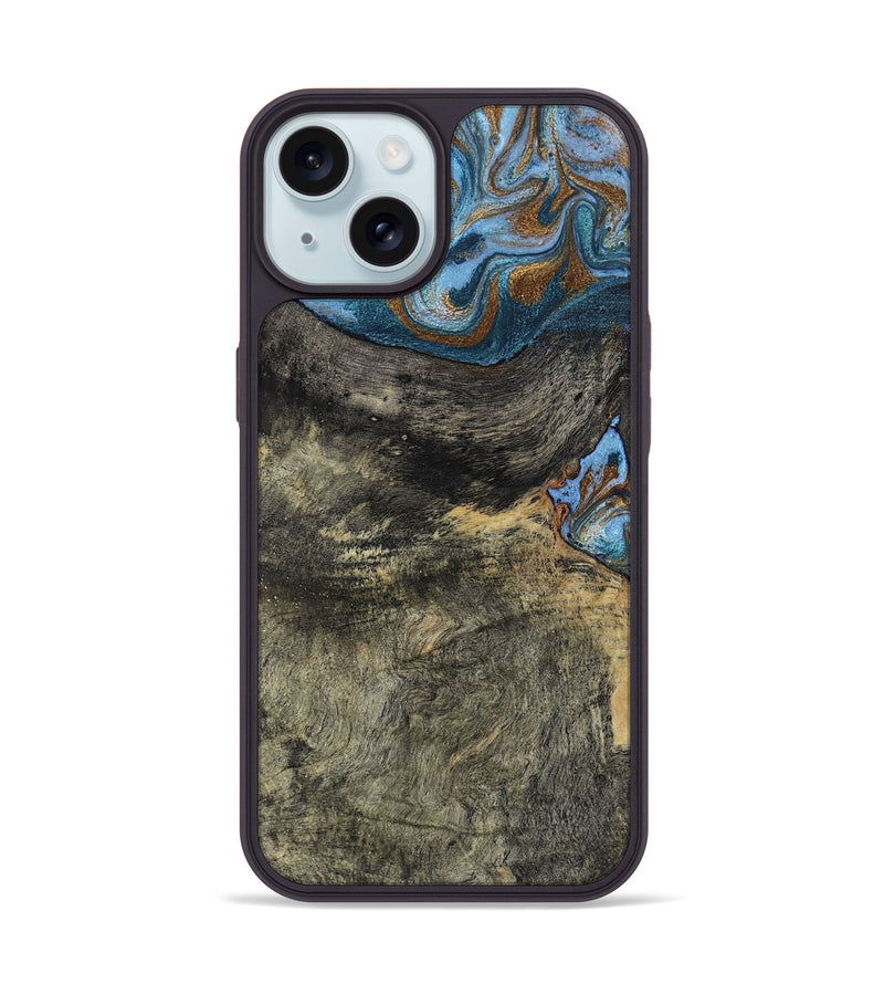 iPhone 15 Wood Phone Case - Starr (Teal & Gold, 802409)