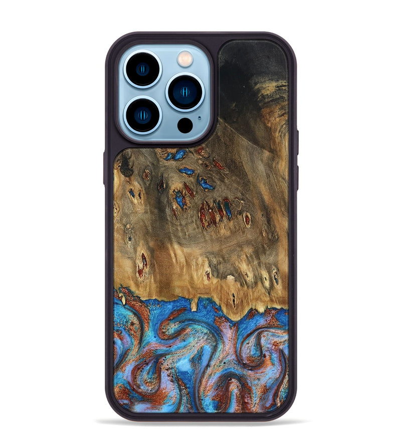 iPhone 14 Pro Max Wood Phone Case - Navy (Teal & Gold, 802410)
