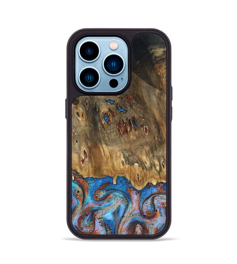 iPhone 14 Pro Wood Phone Case - Navy (Teal & Gold, 802410)