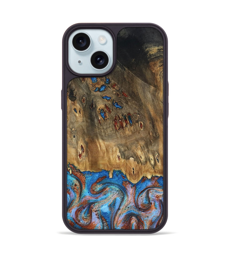 iPhone 15 Wood Phone Case - Navy (Teal & Gold, 802410)