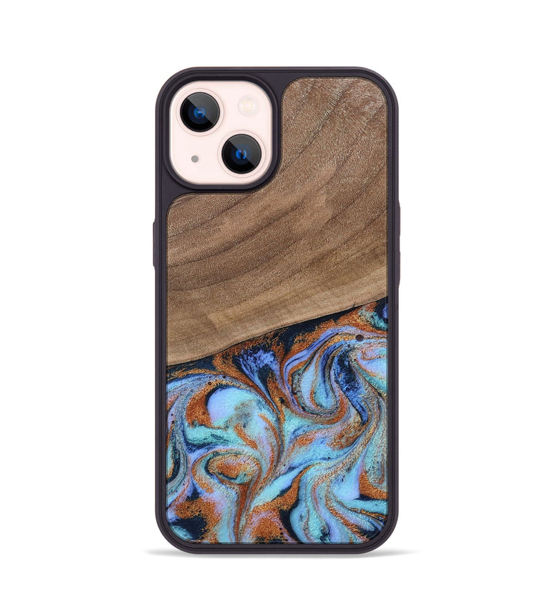 iPhone 14 Wood Phone Case - Irving (Teal & Gold, 802412)