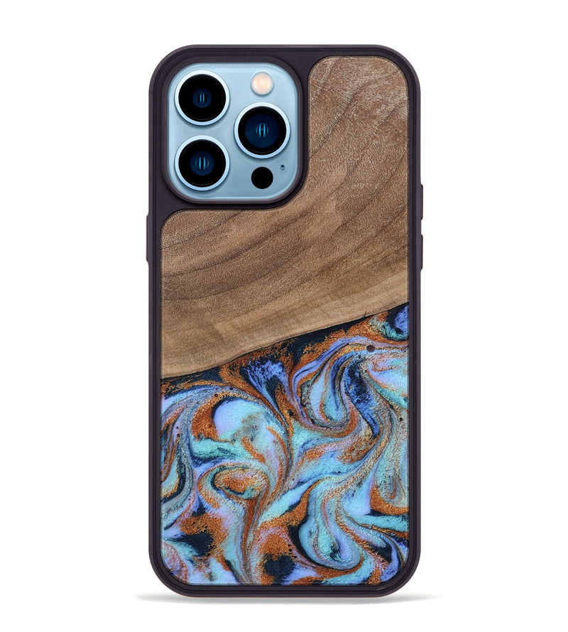 iPhone 14 Pro Max Wood Phone Case - Irving (Teal & Gold, 802412)