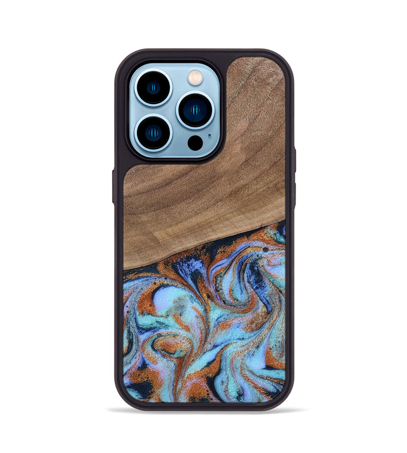 iPhone 14 Pro Wood Phone Case - Irving (Teal & Gold, 802412)