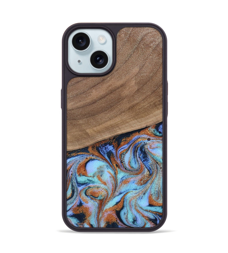 iPhone 15 Wood Phone Case - Irving (Teal & Gold, 802412)