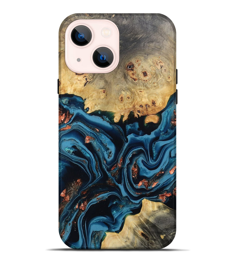 iPhone 14 Plus Wood Live Edge Phone Case - Mason (Teal & Gold, 802430)