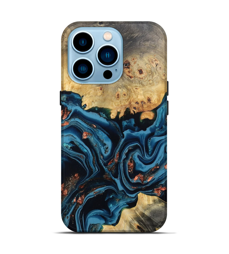 iPhone 14 Pro Wood Live Edge Phone Case - Mason (Teal & Gold, 802430)