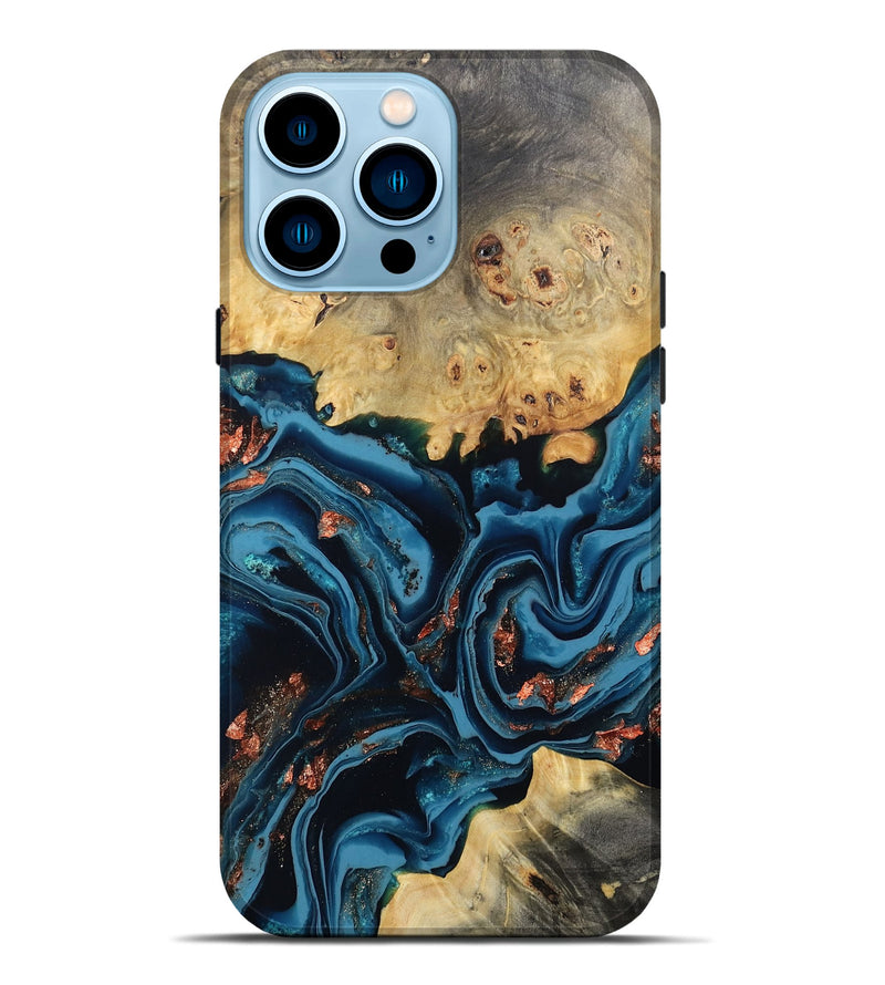 iPhone 14 Pro Max Wood Live Edge Phone Case - Mason (Teal & Gold, 802430)
