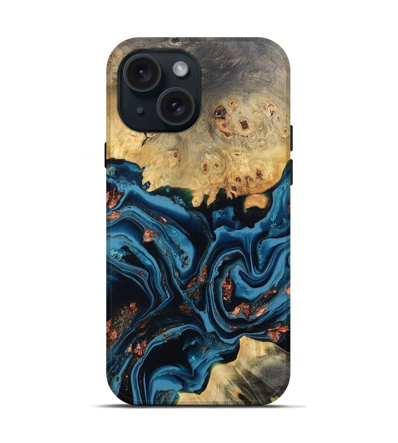 iPhone 15 Wood Live Edge Phone Case - Mason (Teal & Gold, 802430)