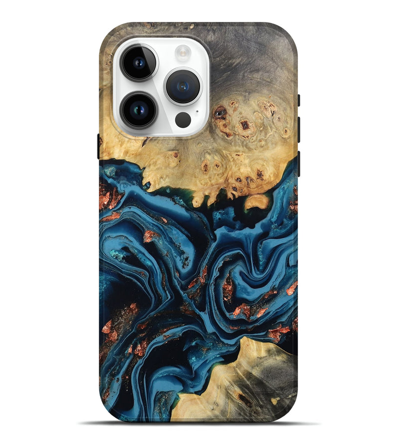 iPhone 15 Pro Max Wood Live Edge Phone Case - Mason (Teal & Gold, 802430)