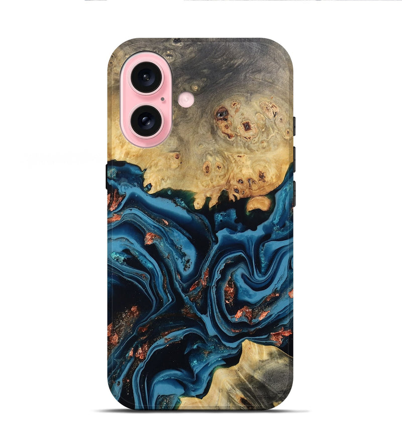 iPhone 16 Wood Live Edge Phone Case - Mason (Teal & Gold, 802430)