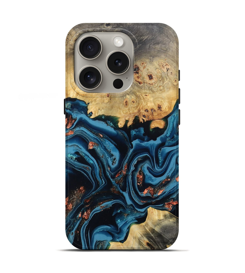 iPhone 16 Pro Wood Live Edge Phone Case - Mason (Teal & Gold, 802430)