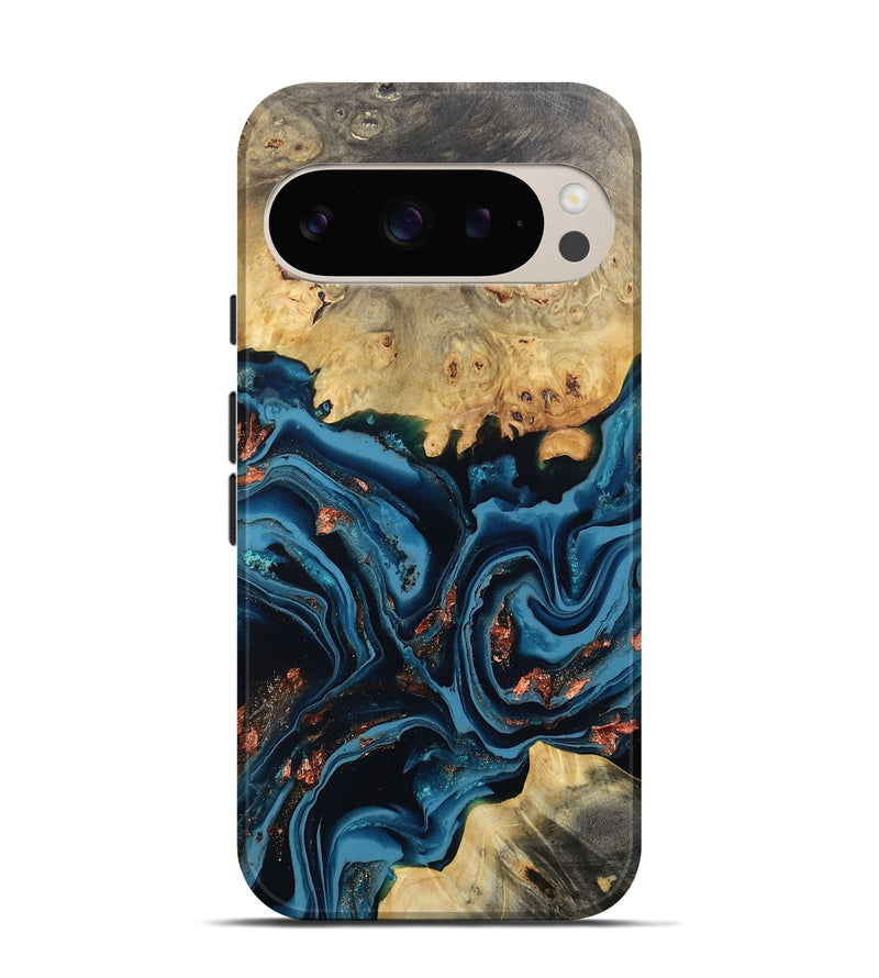 Pixel 9 Pro Wood Live Edge Phone Case - Mason (Teal & Gold, 802430)