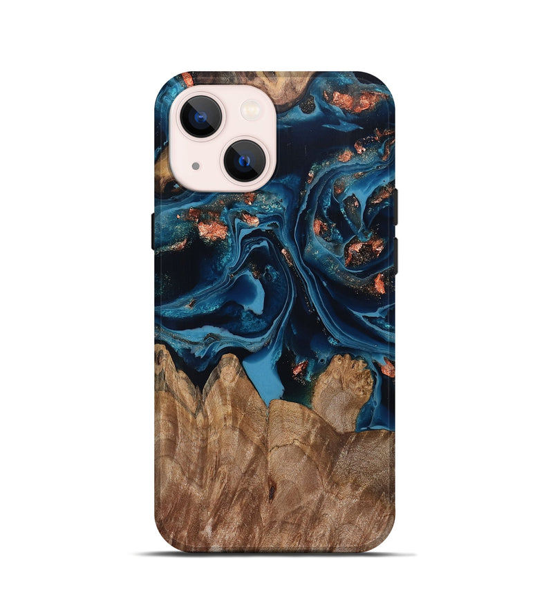 iPhone 13 mini Wood Live Edge Phone Case - Hayley (Teal & Gold, 802432)