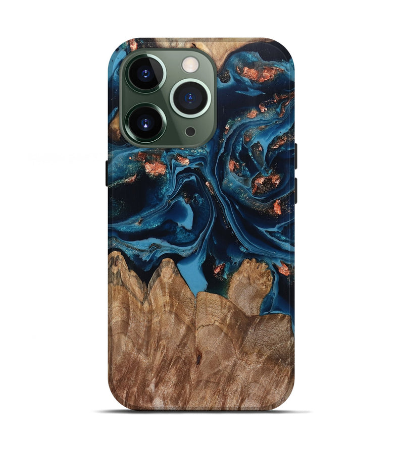 iPhone 13 Pro Wood Live Edge Phone Case - Hayley (Teal & Gold, 802432)