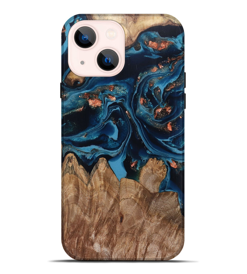 iPhone 14 Plus Wood Live Edge Phone Case - Hayley (Teal & Gold, 802432)