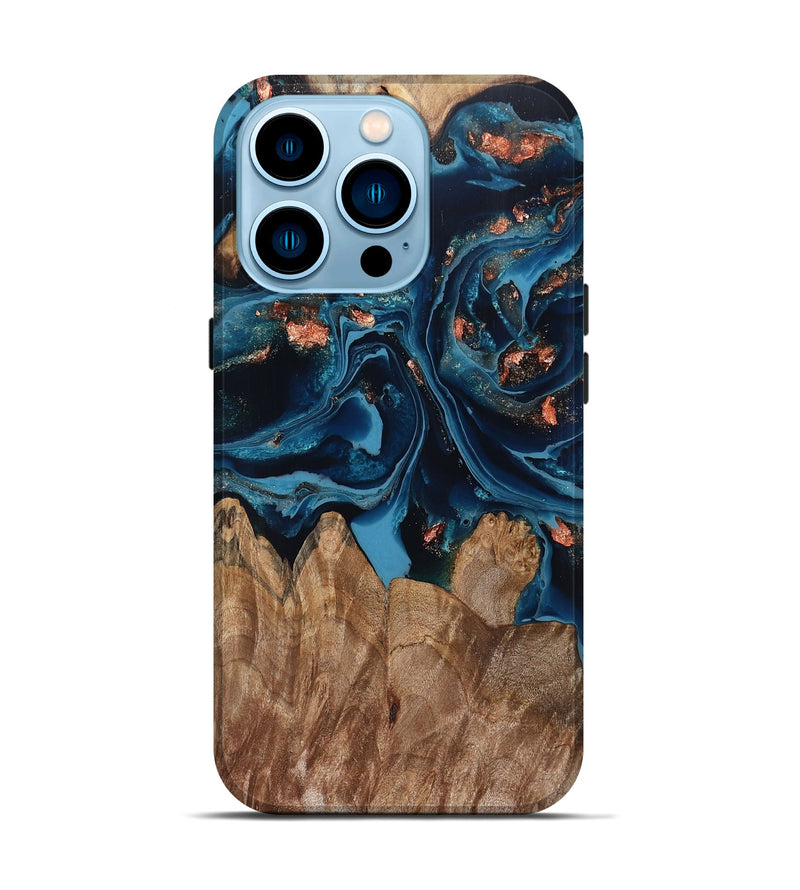 iPhone 14 Pro Wood Live Edge Phone Case - Hayley (Teal & Gold, 802432)