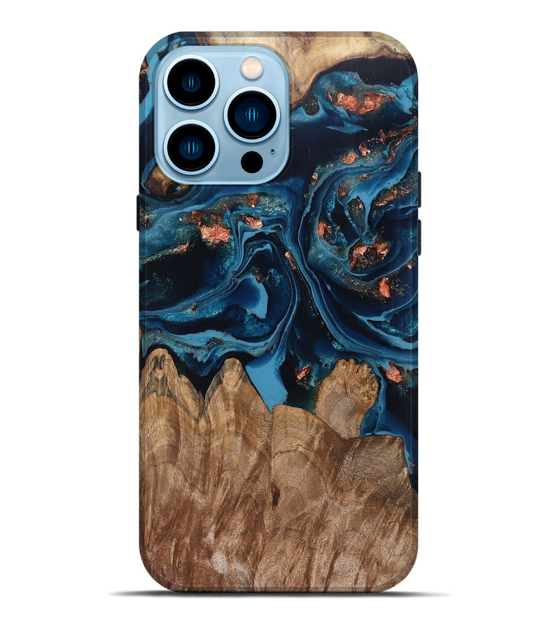 iPhone 14 Pro Max Wood Live Edge Phone Case - Hayley (Teal & Gold, 802432)