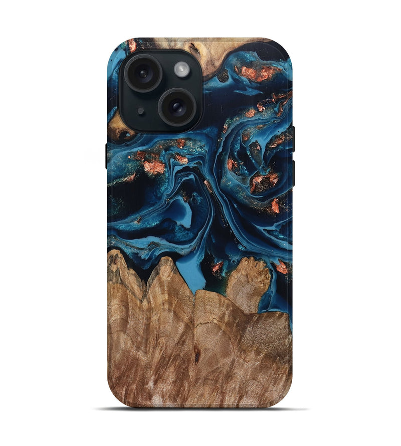 iPhone 15 Wood Live Edge Phone Case - Hayley (Teal & Gold, 802432)