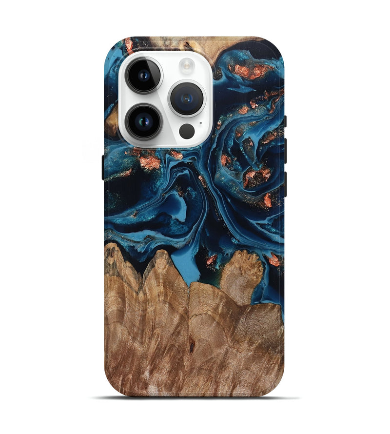iPhone 15 Pro Wood Live Edge Phone Case - Hayley (Teal & Gold, 802432)
