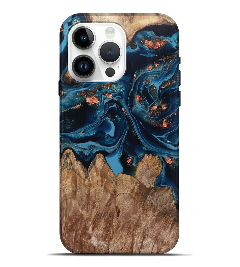 iPhone 15 Pro Max Wood Live Edge Phone Case - Hayley (Teal & Gold, 802432)