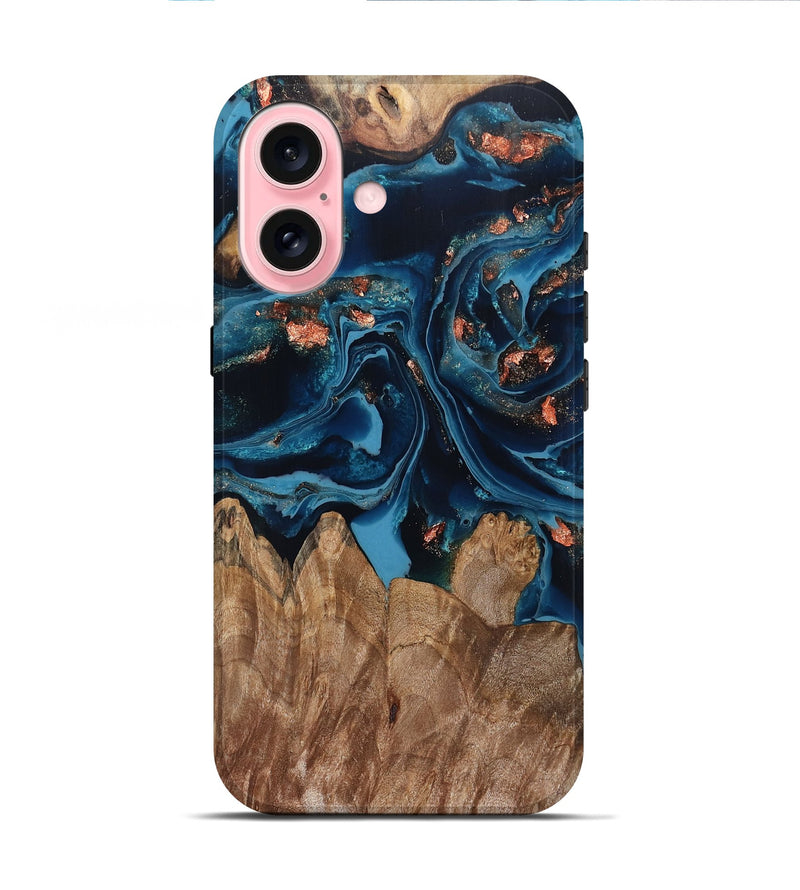 iPhone 16 Wood Live Edge Phone Case - Hayley (Teal & Gold, 802432)