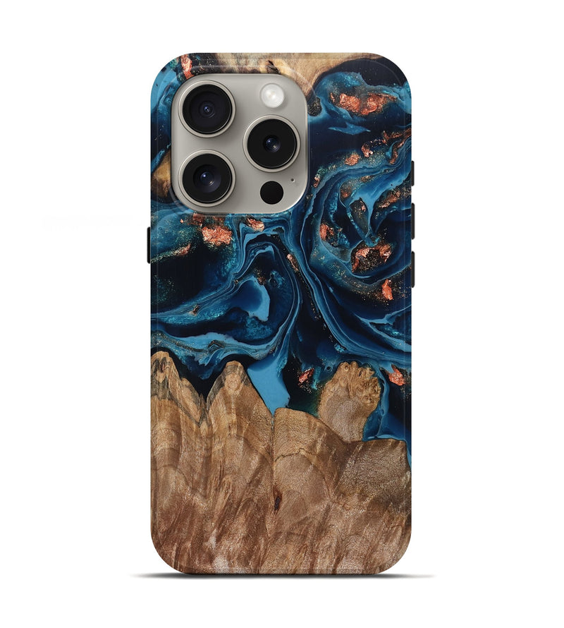iPhone 16 Pro Wood Live Edge Phone Case - Hayley (Teal & Gold, 802432)