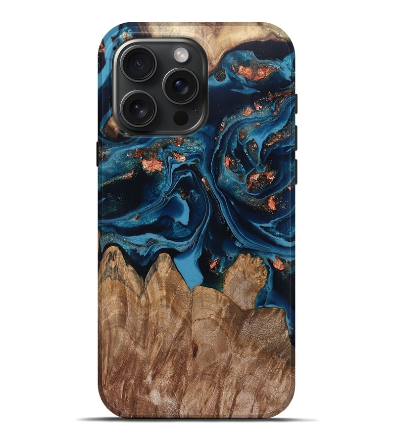 iPhone 16 Pro Max Wood Live Edge Phone Case - Hayley (Teal & Gold, 802432)