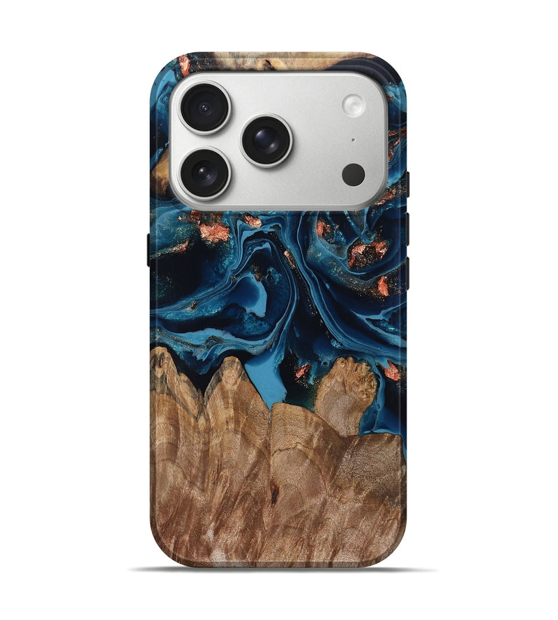 iPhone 17 Pro Wood Live Edge Phone Case - Hayley (Teal & Gold, 802432)